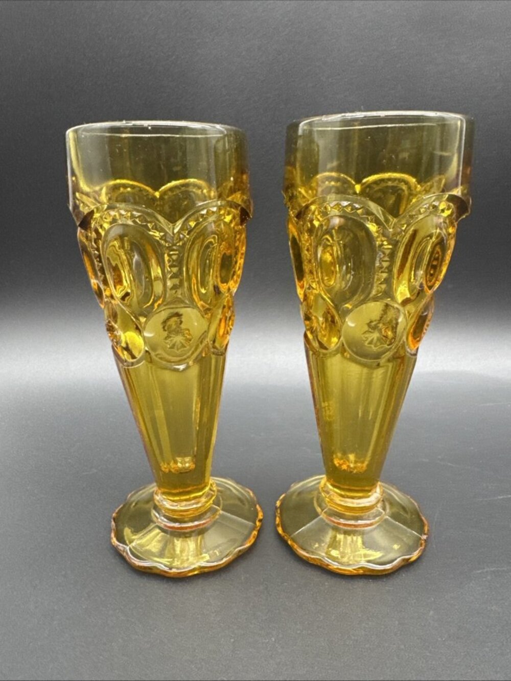 VTG MCM LE Smith Glass Moon Stars Amber Bud Vase Pair Fall Decor